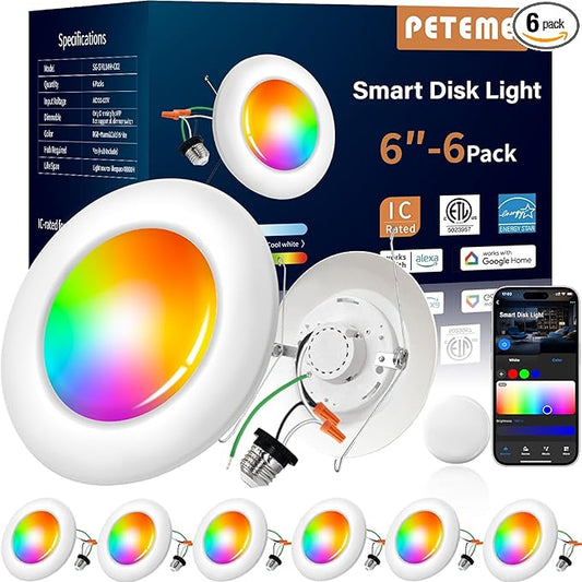Peteme Smart Led Disk Lights, Smart Flush Mount Ceiling Lights 5/6 Inch, RGBWW Color Changing Dimmable Recessed Light, IC Rated ETL Certified, Compatible with Alexa/Google, Sync to Music,1150LM, 6Pack