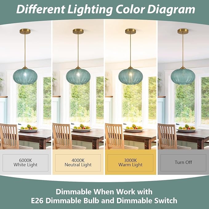 KCO Lighting Green Glass Chandelier Vintage Gold Pendant Light Large Green Ribbed Ceiling Light Antique Brass Hanging Light Mid Century Modern Pendant Lights Kitchen Island