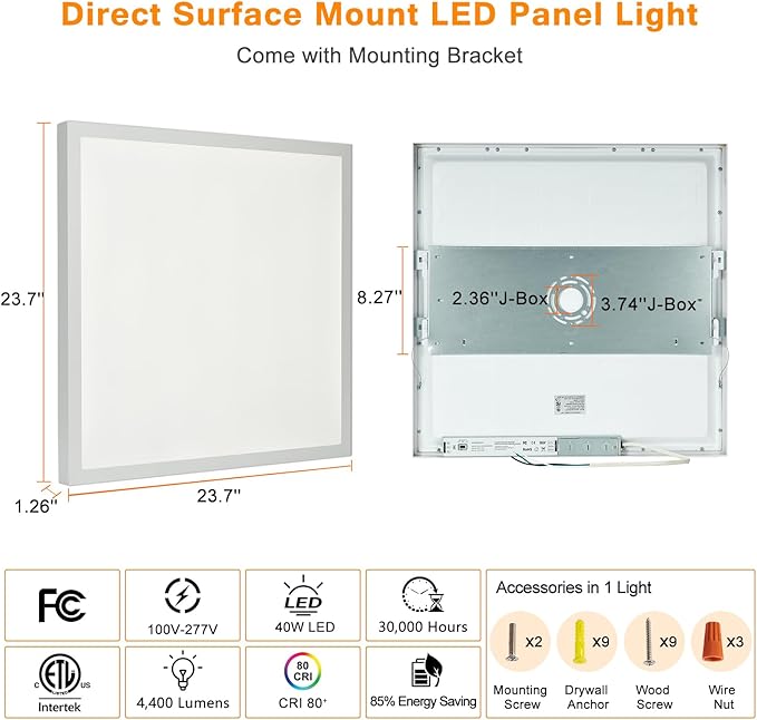 2x2 FT Surface Mount LED Panel Light Dimmable & 3 Color Selectable 3000K/4000K/5000K - 40W 24x24 Inch LED Flush Mount Ceiling Light Low Profile, 100-277V, Bright 4400LM, ETL Listed, 2 Pack