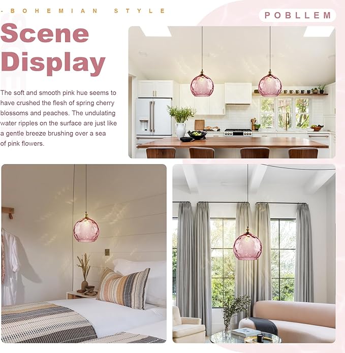 13.8-inch Globe Hanging Lamp with Plug in Cord, Pink Glass Pendant Light Vintage Plug in, Large Hammered Glass Hanging Swag Lamps for Kitchen Dining Room Girls Bedroom Living Room