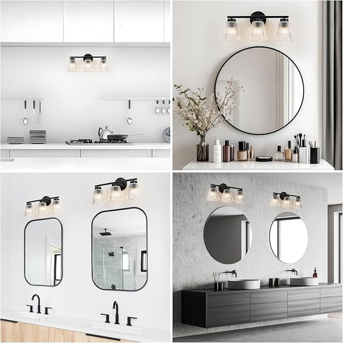 OCIOC Black Bathroom Vanity Lights, 3-Light Modern Bathroom Light Fixtures with Striped Glass Shade, Bathroom Wall Lamp over Mirror, for Living Room, Bedroom, Hallway,Cabinet Porch