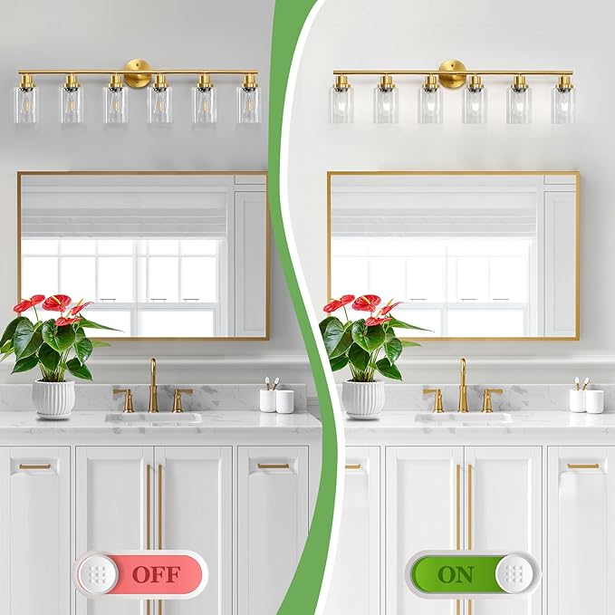 6-Light E26 Gold Bathroom Vanity Lights, Modern Bathroom Light Fixtures with Clear Glass Shade, Wall Lamps for Mirror Hallway Kitchen Cabinet Living Room Sconces Lights