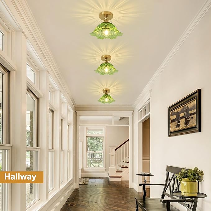 Semi Flush Mount Ceiling Light Fixture, 11in Green Glass Vintage Light Fixtures Ceiling for Hallway Kitchen Foyer Entryway Bedroom, E26 Base