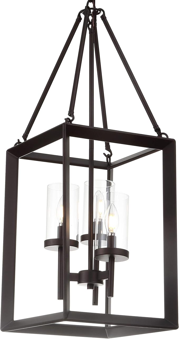 JONATHAN Y 12" Oil Rubbed Bronze 3-Light Lantern Pendant, LED Ceiling Light for Foyer Kitchen Island Entryway, Traditional Metal Fixture with Clear Glass Shade, ETL Listed JYL7412A