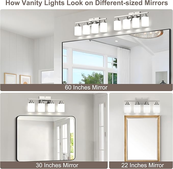 Sailstar Bathroom Light Fixtures, Brushed Nickel Vanity Light Over Mirror, 4-Light Wall Sconces with Milky White Frosted Glass Shades, Wall Lamp for Bedroom, Living Room, E26 Base (Bulbs Not Included)