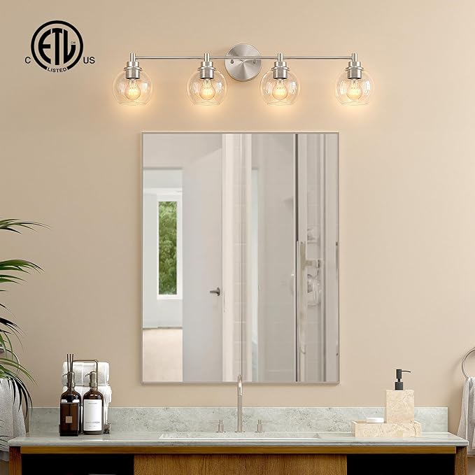 VONLUCE Bathroom Light Fixtures, 4-Light Vanity Light with Globe Glass Shades E26 Sockets, Bathroom Lights Over Mirror for Bedroom Hallway Living Room, Brushed Nickel Finish, ETL Certificated