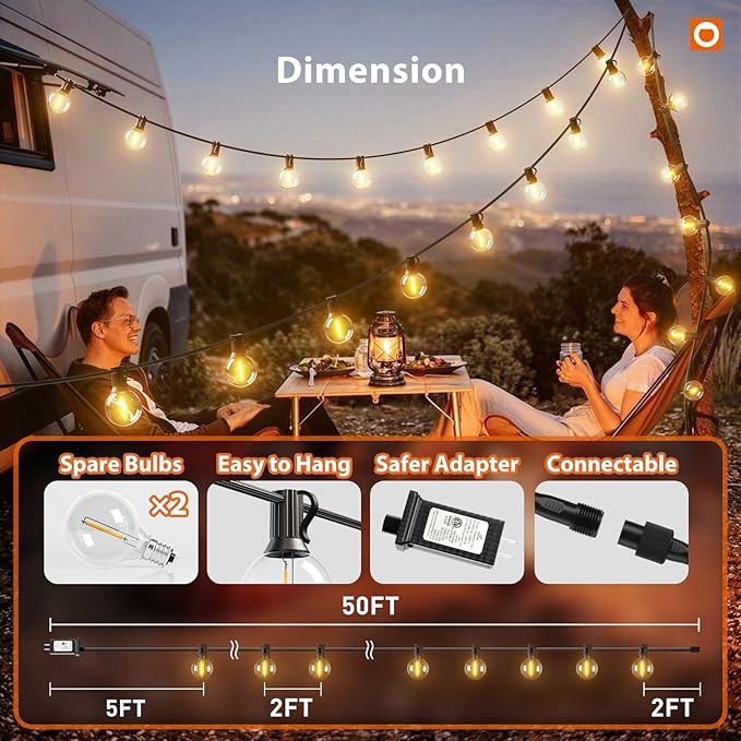 addlon Outdoor String Lights 50FT G40 with Remote, 27 LED Shatterproof Bulbs, Dimmable Patio Globe Lights Waterproof, Hanging Outside Lighting for Backyard, Garden, Deck, Balcony, Porch, Café, Decor
