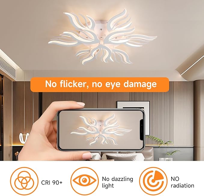 Becailyer Modren LED Ceiling Light, 75W Flower Shape Ceiling Lamp, 33.4" Dimmable Flush Mount Ceiling Lighting Fixtures, 9-Petals Close to Ceiling Light for Living Room Dining Room Bedroom, White