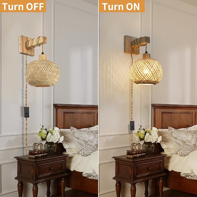 Boho Plug in Wall Sconces Set of Two,Vintage sconces wall Lighting for Bedroom Living Room Farmhouse Bamboo Shade- White