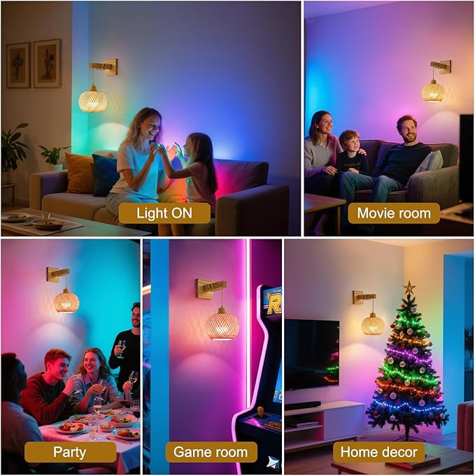 Vitnucrol Bamboo Battery Operated Wall Sconces Set of 2, Rechargeable Rattan Cordless Battery Powered Wall Lights/Lamps with Remote, Woven Boho Wireless Decor Lighting Fixture for Living Room Bedroom