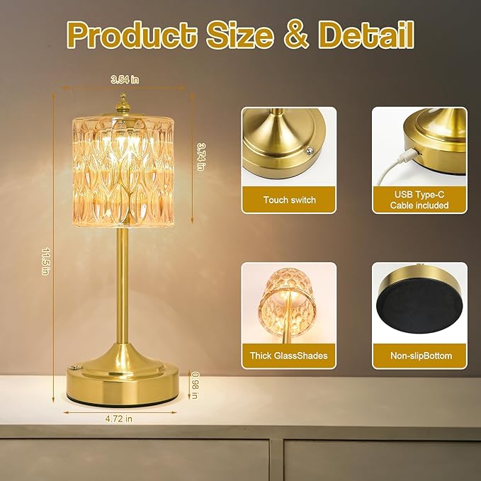 Cordless Crystal Table Lamp, 5200mAh Rechargeable Battery, 3 Color Dimmable Touch Control, Portable Vintage Gold Desk Lamp for Bedroom, Nightstand, Living Room, Home Decor (Amber-2)