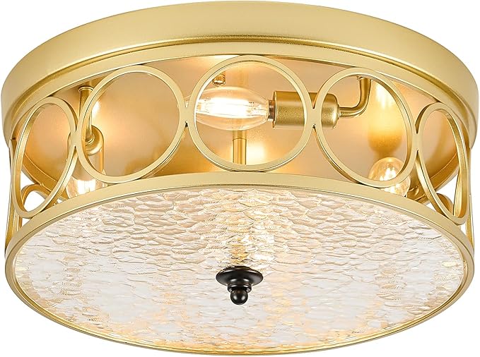 4-Light Flush Mount Ceiling Light Fixtures,15.2in Gold Metal Farmhouse Ceiling Lighting with Clear Glass & E12 Socket,for Kitchen Island, Bedroom, Entryway, Dining Room