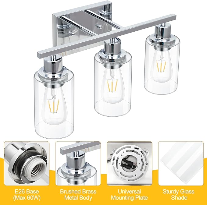 3 Light Vanity Light Fixtures, Polished Chrome Bathroom Wall Sconces, Modern Wall Lights with Clear Glass Shades, Bathroom Wall Lamp over Mirror Kitchen Bedroom Living Room Hallway Cabinet Porch