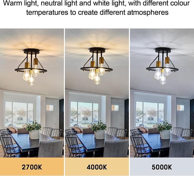 Industrial Semi Flush Mount Ceiling Light Fixture 3-Light Matte Black and Gold Chandelier E26 Farmhouse Ceiling Lamp for Entryway Hallway Bedroom Passway Balcony