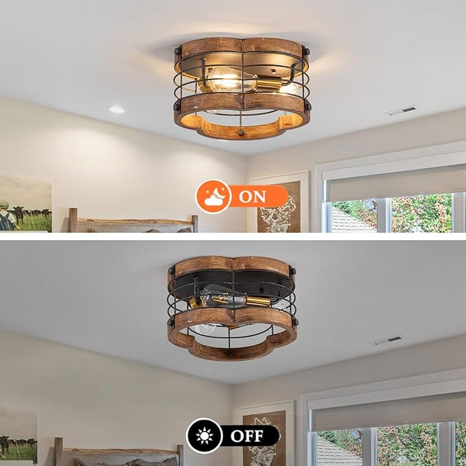 Farmhouse Flush Mount Ceiling Light, 12.2 Inch 3-Light Metal and Wood Close to Ceiling Light Fixture, Rustic Drum Semi Ceiling Light for Kitchen, Dining Room, Living Room, Hallway, Entryway