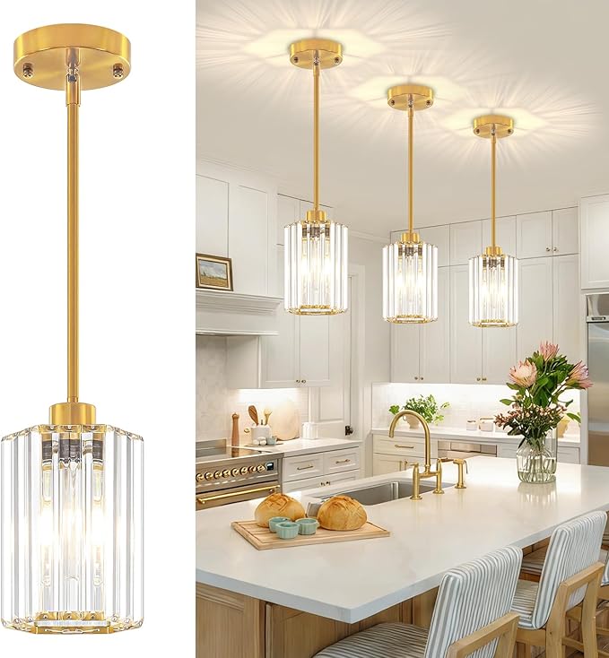 3-Pack Brushed Gold Pendant Lights Kitchen Island Modern Crystal Hanging Pendant Light Hexagonal Mini Chandelier Adjustable Hanging Kitchen Lights for Dining Room Hallway Bedroom Entryway Pendant Lamp