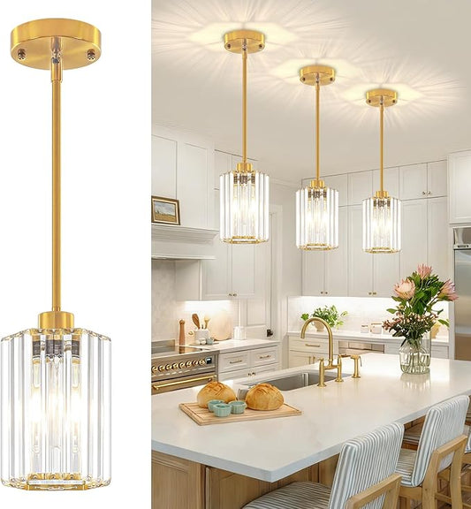 3-Pack Brushed Gold Pendant Lights Kitchen Island Modern Crystal Hanging Pendant Light Hexagonal Mini Chandelier Adjustable Hanging Kitchen Lights for Dining Room Hallway Bedroom Entryway Pendant Lamp
