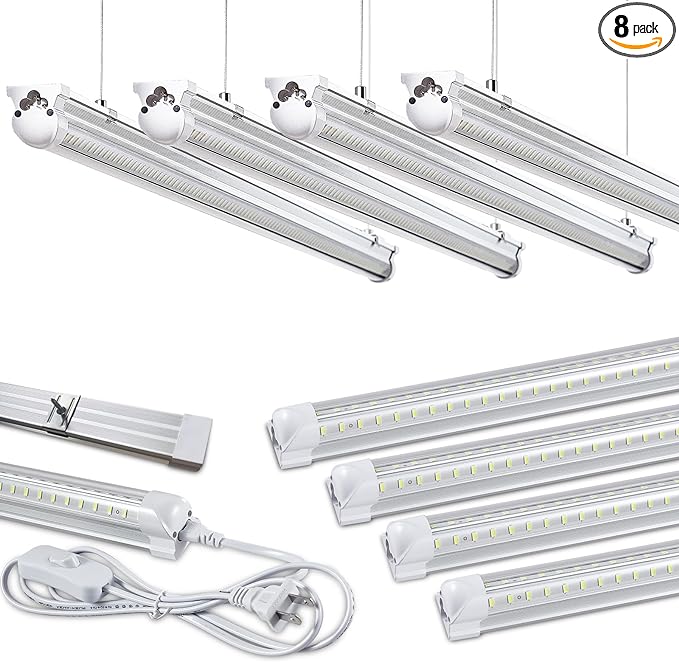 Skymoatled 8Pack 8FT LED Shop Light Garage Light,100W 6000K White Light 15000LM Super Bright,Hanging/Surface Mount,Linkable T8 LED Tube Lights for Garage,Warehouse, Workshop,Plug and Play