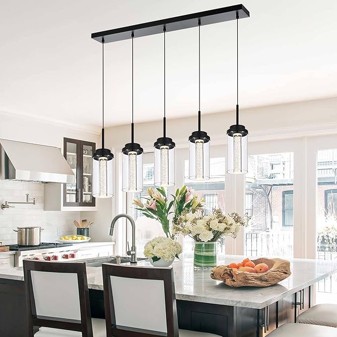 MELUCEE Modern Chandelier for Dining Room 5-Light Dimmable LED Pendant Light with Clear Glass Shade, 3000K-6000K Adjustable Color Temperature Linear Island Lights for Kitchen Dining Table, 25W, Black