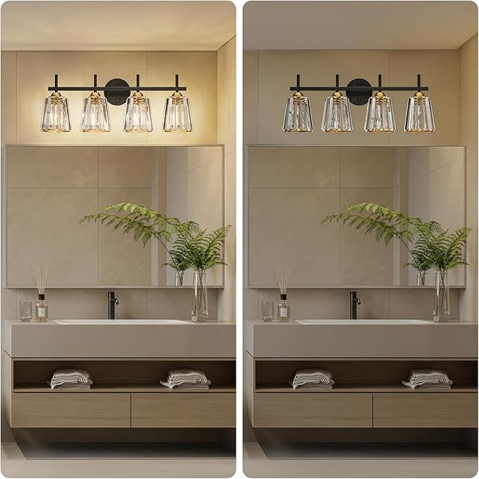 Crystal Bathroom Light Fixtures Over Mirror, Black Gold 4-Light Bathroom Vanity Lights Over Mirror Modern Wall Lighting Sconces with Ceramic E26 Base (Bulbs Not Include)