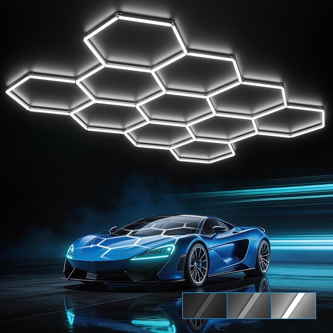 HYPERLITE Gen 2 Hexagon Garage LED Light, Upgraded 3 Level Dimmable 322W 32200LM Super Bright Garage Detailing Lights, 11 Grids Hex Shop Lights, Hexagon LED Lights for Basement, Gym, Shop
