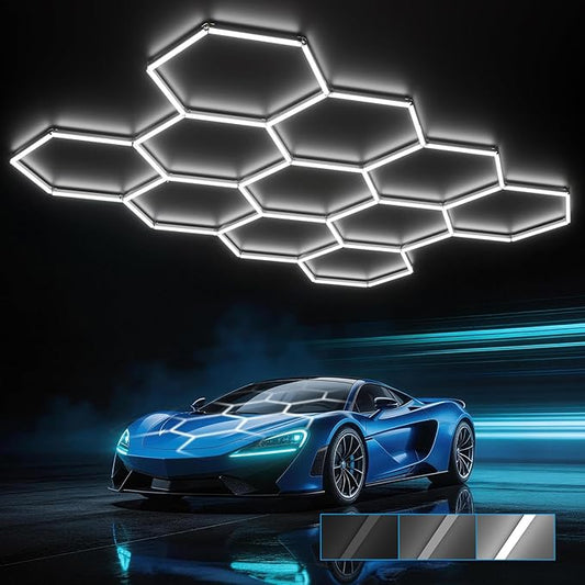 HYPERLITE Gen 2 Hexagon Garage LED Light, Upgraded 3 Level Dimmable 322W 32200LM Super Bright Garage Detailing Lights, 11 Grids Hex Shop Lights, Hexagon LED Lights for Basement, Gym, Shop
