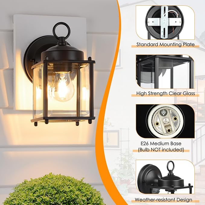MATAMEYE Outdoor Wall Lantern, Exterior Waterproof Wall Sconce Light Fixtures, Black Front Door Wall Lighting with Clear Beveled Glass Shade, 2 Pack