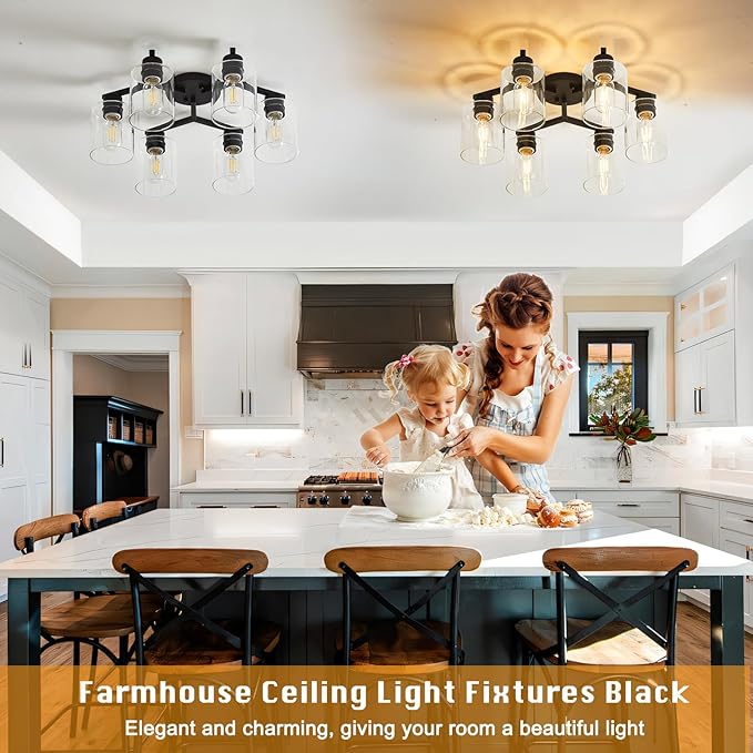 YYT 6-Light Semi Flush Mount Ceiling Light Fixture, Black Light Fixtures for Dining Room Ceiling, Large Kitchen Lighting Fixtures Ceiling for Living Room with Clear Glass Shade
