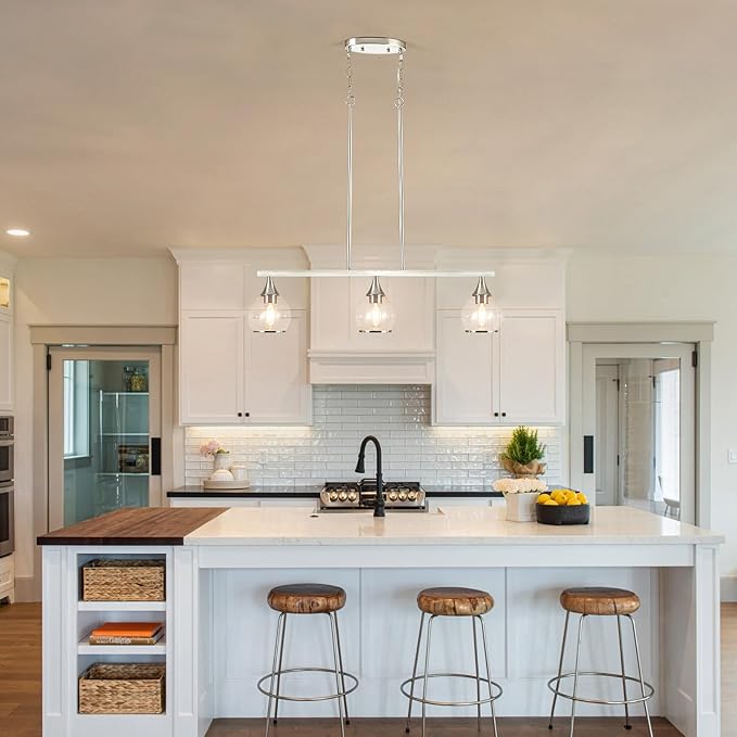 Island Light for Kitchen, 3-Light Brushed Nickel Island Pendant Lighting with Clear Round Glass Shades for Dining Table, Living Room