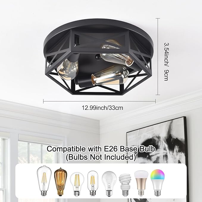 Black Flush Mount Ceiling Light,Hallway Light Ceiling Mount,Industrial Vintage Metal Cage Close to Ceiling Lights for Kitchen,Farmhouse,Bedroom