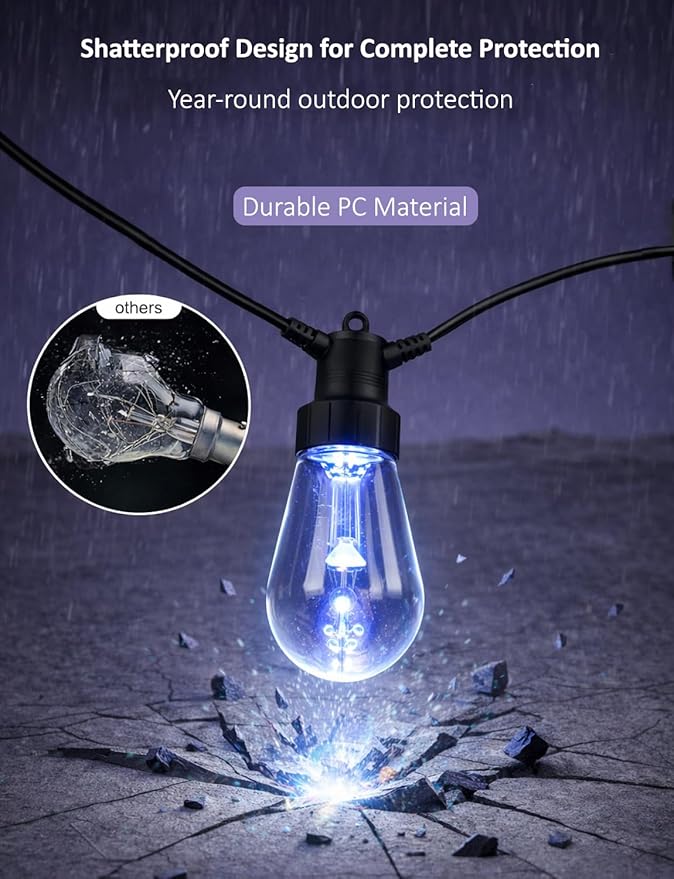 XHT Outdoor String Lights 49FT, Color Changing RGBW Patio String Lights with 15 LED Bulbs, App & Remote Control, IP66 Waterproof Shatterproof Backyard Lights