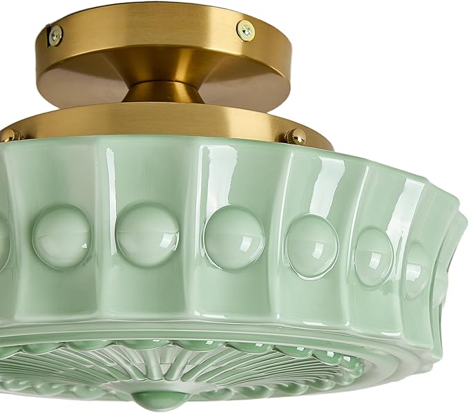 FCTWAKS Schoolhouse Ceiling Light Fixture, 13.8" Green Milk Glass Semi Flush Mount Mid Century Vintage Ceiling Light for Bedroom Hallway Kitchen, E26 Base Bulb Included