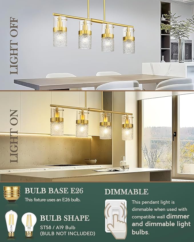 LMS 4-Light Brushed Gold Island Chandelier Lights for Kitchen, Mid Century Pendant Light with Hammered Glass Shade, Farmhouse Dining Room Light Fixture, Kitchen Island, LMS-171GD-4