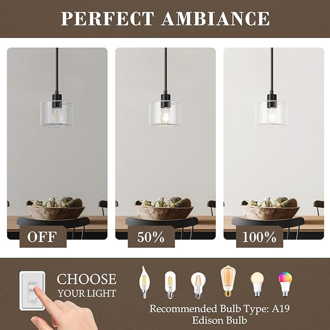 Black Pendant Lights Kitchen Island 2 Pack, Modern Clear Glass Hanging Light Fixtures with Rods, Mini Kitchen Pendant Lighting Over Island for Sink Bathroom, OS-YQ8153-2PBKC