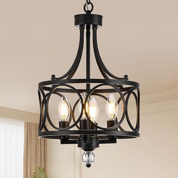 4-Light Chandelier,Round 11.2in,E12 Base - Black Metal Farmhouse Lantern Pendant Light Fixture,Adjustable Hanging Ceiling Lighting,for Kitchen Island,Bedroom,Entryway,Dining Room