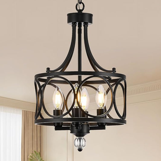 4-Light Chandelier,Round 11.2in,E12 Base - Black Metal Farmhouse Lantern Pendant Light Fixture,Adjustable Hanging Ceiling Lighting,for Kitchen Island,Bedroom,Entryway,Dining Room