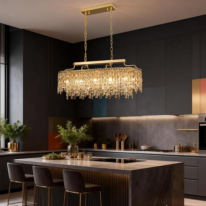 12-Lights Modern Gold Crystal Chandeliers for Dining Room Light Fixtures Over Table | L36" Luxury Crystal Chandeliers for Kitchen Island | Oval Hanging Lighting for Living Room Bedroom Bathroom
