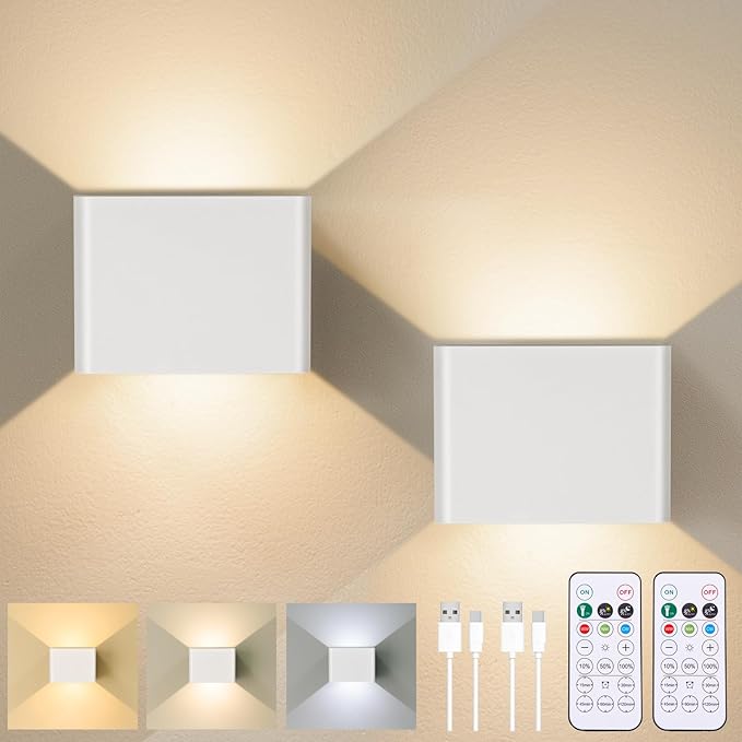 Yochoice Motion Sensor Wall Light Indoor Set of 2, 6000mAh Wireless Rechargeable Battery Operated LED Sconce Up Down with Touch Remote Control, Battery Powered Magnetic Wall Lamps with 3CCT, White