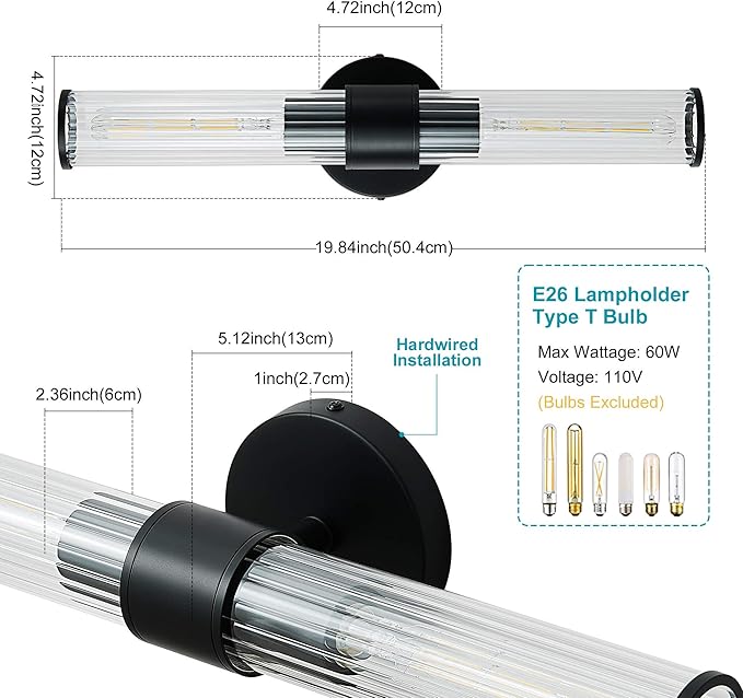 Bathroom Light Fixtures 2 Pack Hardwired, Black Wall Sconce Threaded Glass Vanity Light Featuring Two E26 sockets, Bathroom Wall Light Dimmable - Bulb Not Included, UL Certification