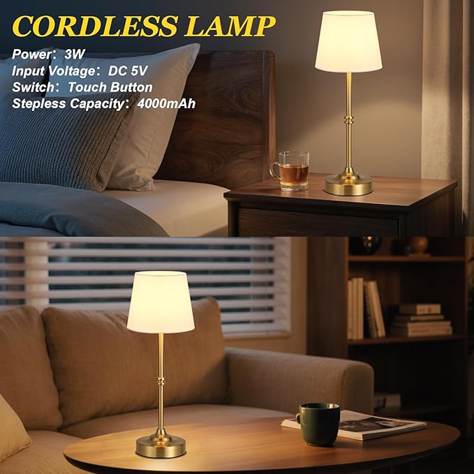 Kakanuo Rechargeable Cordless Table Lamp Gold - 1 Pack Brass 4000mAh Battery Operated Lamp, 3000K Warm Light, Touch Control Stepless Dimming, for Bedside, Dining Table, Home Decor