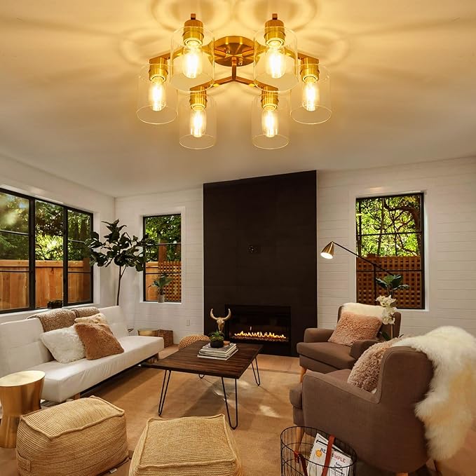 YYT Gold Ceiling Light Fixture Mid-Century Kitchen Ceiling Light Fixtures Modern Gold Semi Flush Mount Light 6-Light Fixtures for Dining Room Brass Cieling Lights with Glass Shade