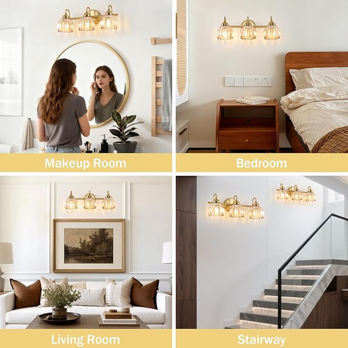Vintage Bathroom Light Fixtures, Brass Vanity Lights with Amber Tulip Glass Shade, Vanity Sconces for Bathroom Bedroom Living Room Hallway, 3-Light