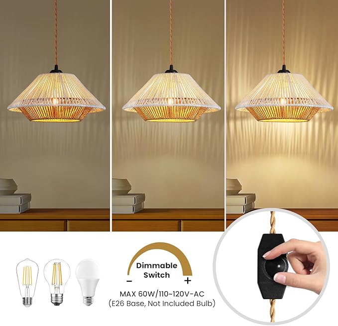 Epinl Boho Plug in Hanging Light - 12.7 Inch Rattan Plug in Pendant Light Dimmable Wicker Bamboo Woven Lampshade Hanging Lamp for Bedroom Living Room Farmhouse