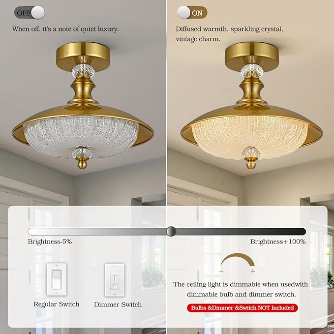 Vintage Semi Flush Mount Ceiling Light, Gold 12 Inch K9 Crystal Glass Shade, Brushed Copper Finish, 5-Light Flush Mount Lamp Mid Century Industrial for Bedroom Foyer Hallway Dining Kitchen Entryway