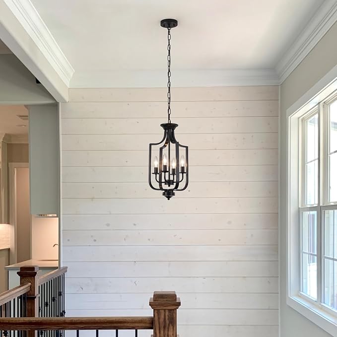 10.63" Black Chandelier 4-Lights Modern Farmhouse Lantern Chandeliers for Dining Room Rustic Metal Cage Industrial Vintage Adjustable Pendant Light Fixture for Foyer Kitchen Entryway Hallway E12