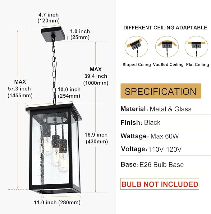 TODOLUZ 3-Lights Large Outdoor Pendant Light, Black Porch Ceiling Lighting Fixtures with Seeded Glass Panel, Exterior Hanging Lantern Adjustable Chain for Yard Entryway Patio