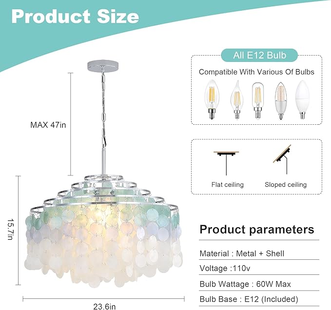 24" Capiz Shell Chandelier Dining Room Chandeliers Bathroom Pendant Light 6 Light Coastal Ceiling Hanging Light for Kitchen, Living Room,Bathroom and Bedroom,Bulbs Included