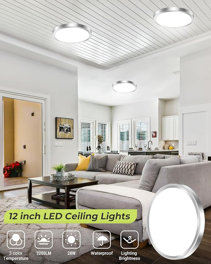 hepside 2PACK LED Flush Mount Ceiling Light - 3CCT Selectable 3000K-4000K-6500K & 100W Equivalent Modern Kitchen Recessed Ceiling Lamp 24W 3200Lm 12 Inch for Bathroom Closet Laundry Bedroom Hallway