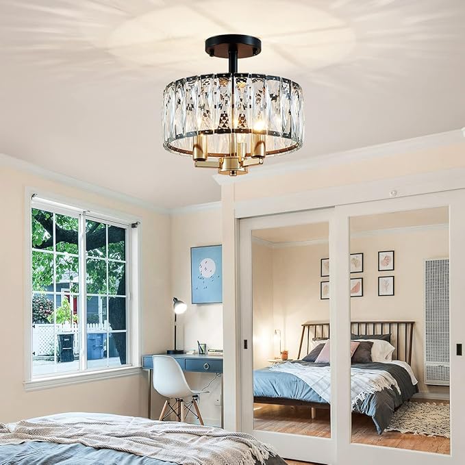AGV LIGHTING CL003BB K9 Crystal Ceiling Light Fixture, Modern Semi Flush Ceiling Lights, Perfect for Living Room, Bedroom, Dining Room, D13 x H15, 3-Light Shine Gold & Matte Black Finish