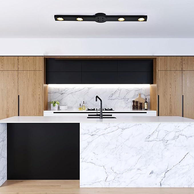 Garwarm Modern Ceiling Light Track Lighting, 31.5 Inch Dimmable LED Kitchen Ceiling Light Fixture with Remote 4-Light LED Chandelier Wall Sconce for Bedroom Dining Room Black